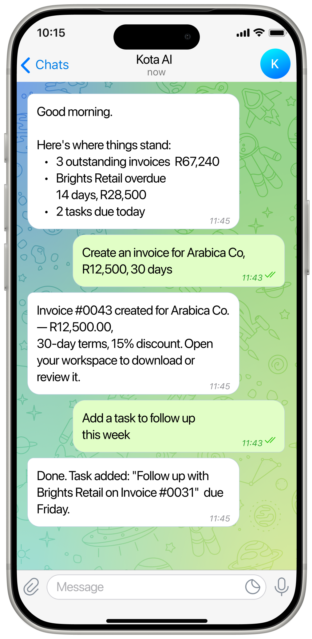 Kota AI on Telegram: morning briefing and invoice creation